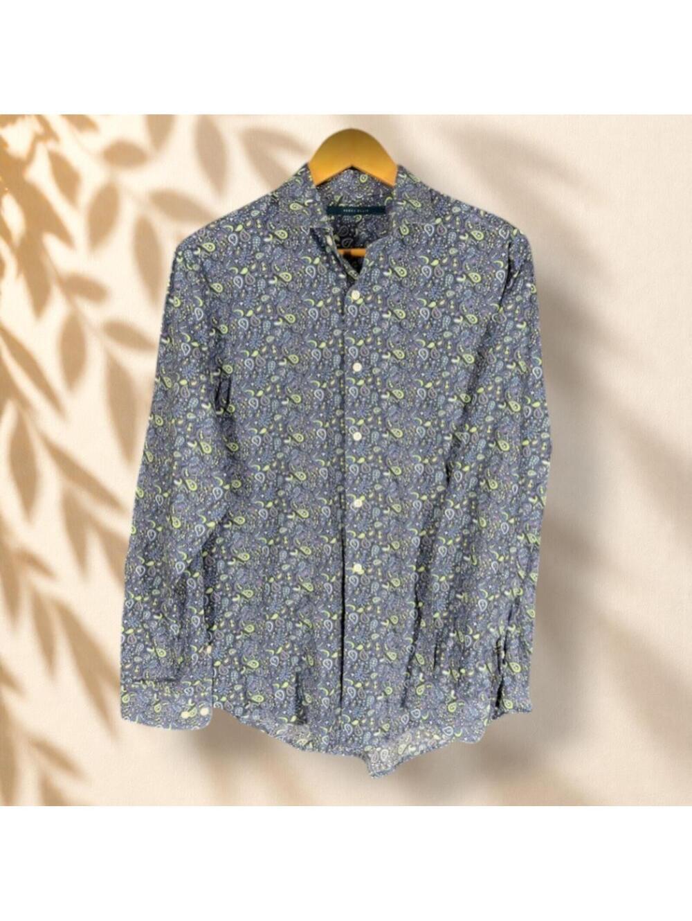 Perry Ellis Shirt Men M Medium Blue Paisley Button Up Collared Long Sleeve